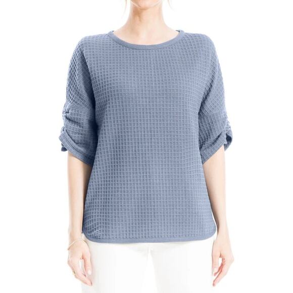 New MAX STUDIO Blue Ruched Elbow Sleeve Waffle Knit Pullover T-Shirt Size L - Picture 1 of 7